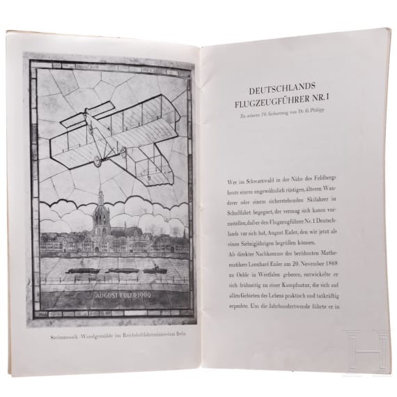 August Euler (1868 - 1957) - a dedicated copy of the booklet "Deutschlands Flugzeugf&uuml;hrer Nr. 1" to Major der Fliegertruppe Felix Lauterbach 1939