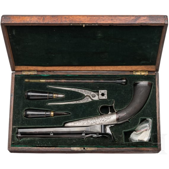 Schwerkraft-Lade-Pistole, System Colette, um 1860, im Kasten