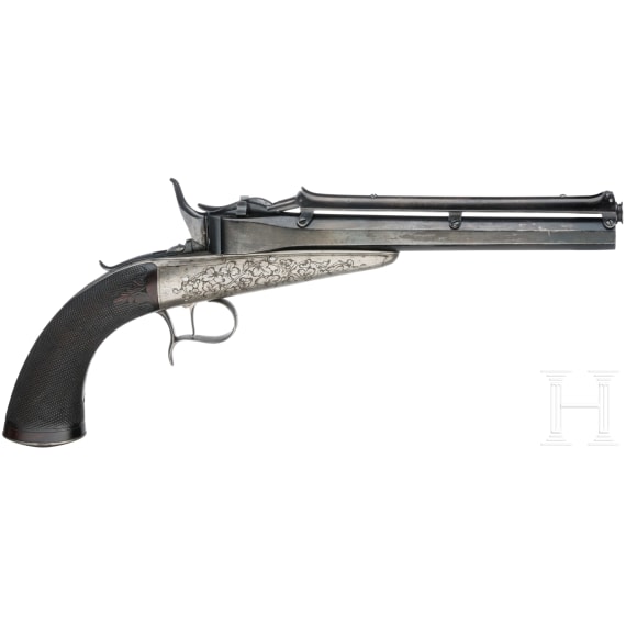 Schwerkraft-Lade-Pistole, System Colette, um 1860, im Kasten