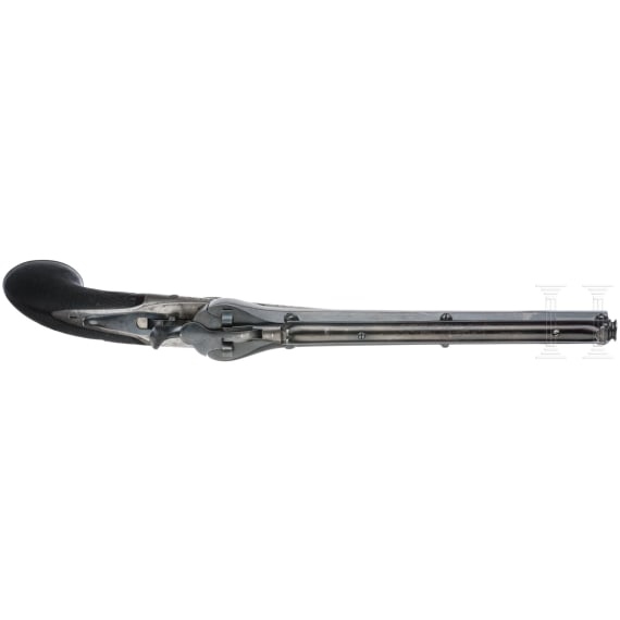 Schwerkraft-Lade-Pistole, System Colette, um 1860, im Kasten