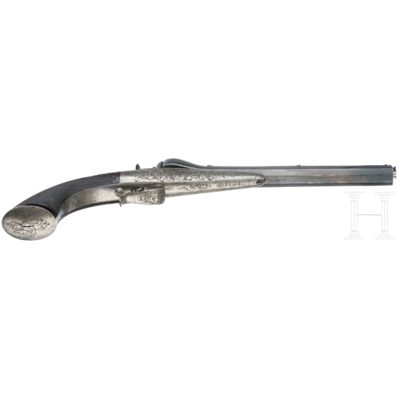 Schwerkraft-Lade-Pistole, System Colette, um 1860, im Kasten