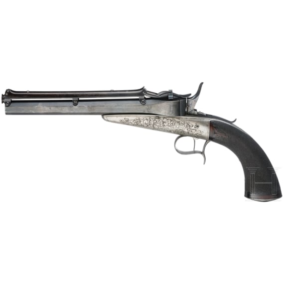 Schwerkraft-Lade-Pistole, System Colette, um 1860, im Kasten
