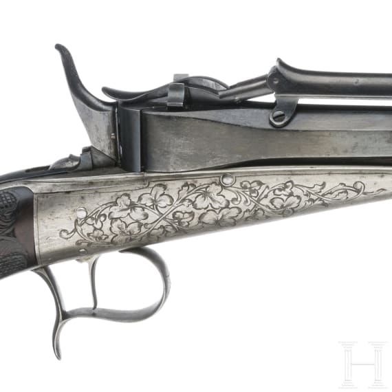 Schwerkraft-Lade-Pistole, System Colette, um 1860, im Kasten