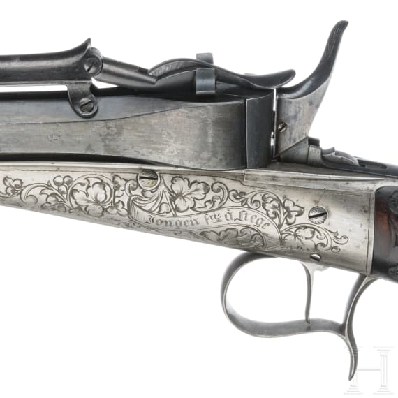 Schwerkraft-Lade-Pistole, System Colette, um 1860, im Kasten