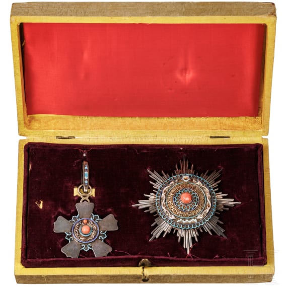 General der Infanterie Maximilian von Montgelas (1860 - 1938) - Ordensset 2. Klasse, 3. Grad des Ordens vom Doppelten Drachen, 1. Modell 1882 - 1902, in Etui