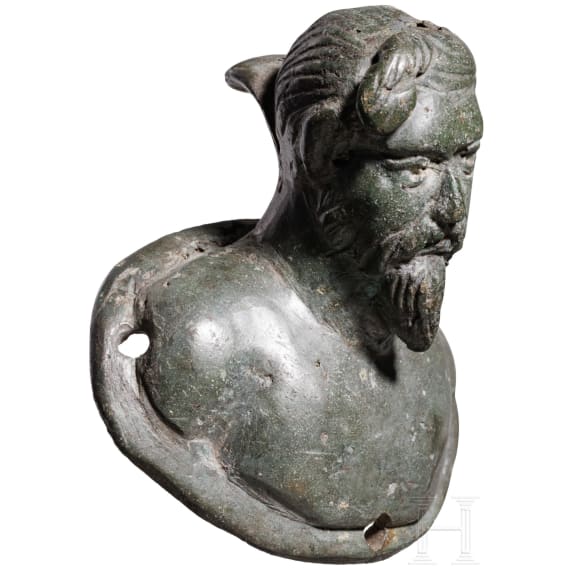 Bronzeapplike mit B&uuml;ste eines Germanen mit Haarknoten, r&ouml;misch, sp&auml;tes 2. Jhdt. n. Chr.