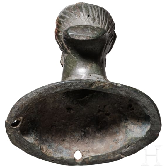 Bronzeapplike mit B&uuml;ste eines Germanen mit Haarknoten, r&ouml;misch, sp&auml;tes 2. Jhdt. n. Chr.