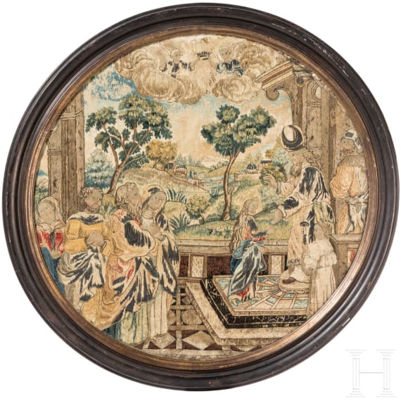 Gesticktes Tondo mit Mari&auml; Tempelgang, Antwerpen, um 1600
