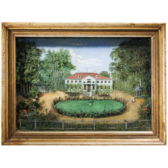 Biedermeier-Schaukasten mit Ansicht von Schloss Kieslingswalde, Schlesien, 1. H&auml;lfte 19. Jhdt.