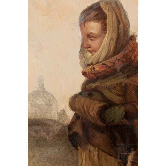 Kleiner Bettler mit Hund vor der Karlskirche, &Ouml;sterreich, 19. Jhdt.