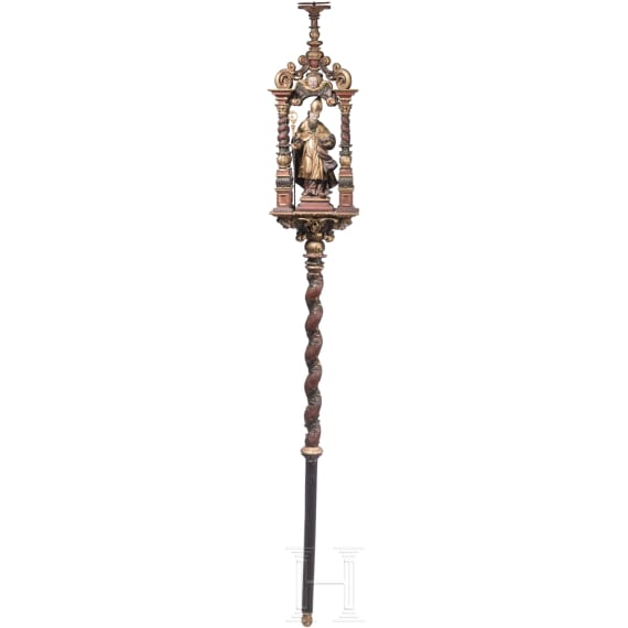 Bedeutende Prozessionsstange mit Hl. Nikolaus, s&uuml;ddeutsch, um 1680
