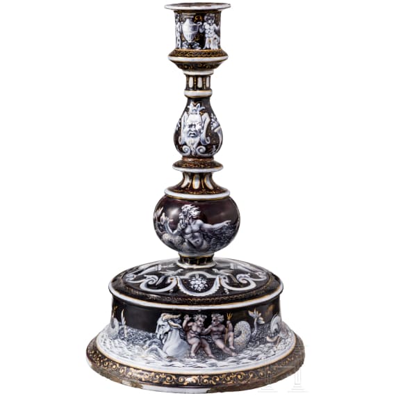 Gro&szlig;er Kupfer- und Emaille-Glockenfu&szlig;leuchter, Limoges, Frankreich, 19. Jhdt.