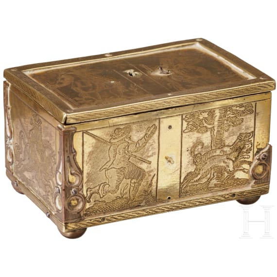 Vergoldete jagdliche Miniaturkassette, Werkstatt Michel Mann, N&uuml;rnberg, um 1620