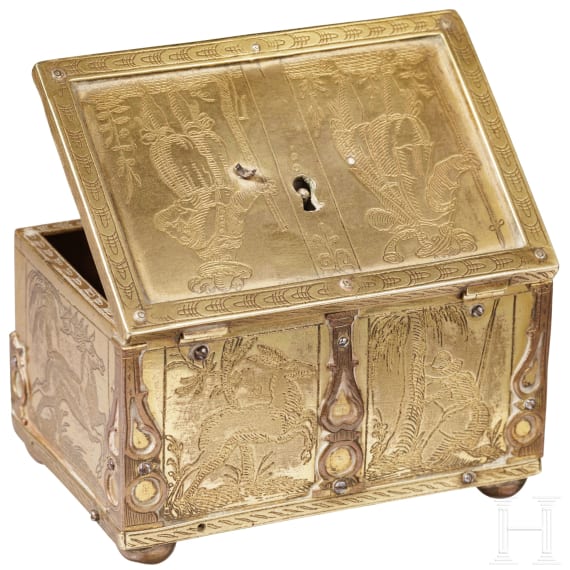 Vergoldete jagdliche Miniaturkassette, Werkstatt Michel Mann, N&uuml;rnberg, um 1620