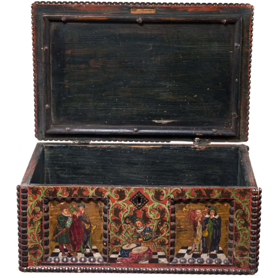 Bemaltes K&auml;stchen im Stil des fl&auml;mischen 16. Jhdts., Historismus, deutsch/&Ouml;sterreich, 19. Jhdt.