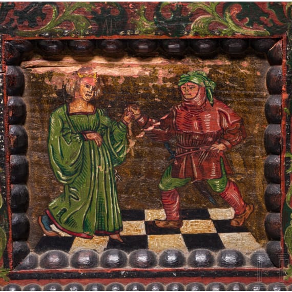 Bemaltes K&auml;stchen im Stil des fl&auml;mischen 16. Jhdts., Historismus, deutsch/&Ouml;sterreich, 19. Jhdt.