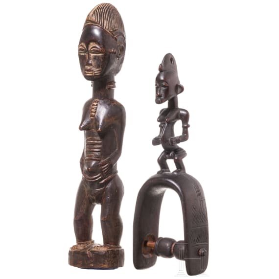 Blolo-bla-Figur und Webrollenhalter, Baule, Elfenbeink&uuml;ste, 20. Jhdt.