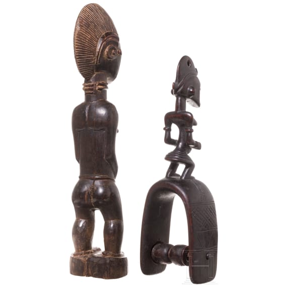 Blolo-bla-Figur und Webrollenhalter, Baule, Elfenbeink&uuml;ste, 20. Jhdt.