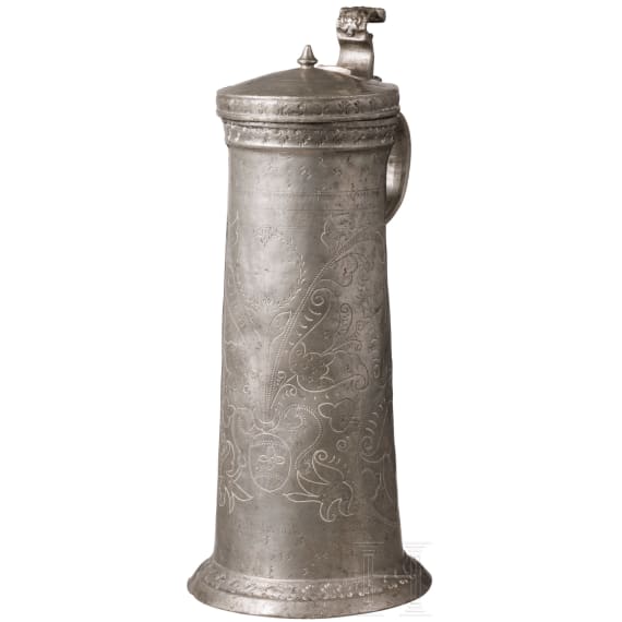 Gravierte Palmettenkanne aus Zinn, Sch&auml;&szlig;burg, um 1700
