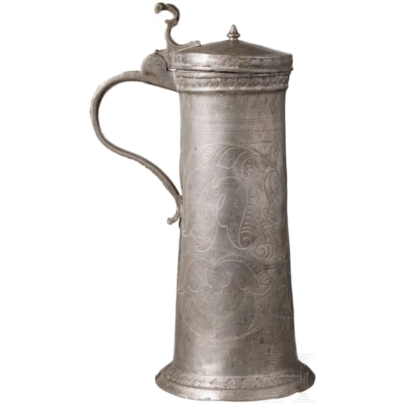 Gravierte Palmettenkanne aus Zinn, Sch&auml;&szlig;burg, um 1700