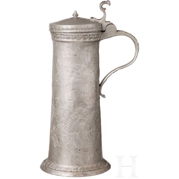 Gravierte Palmettenkanne aus Zinn, Sch&auml;&szlig;burg, um 1700