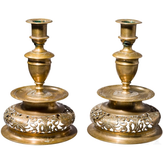 A pair of German pierced bell-bottom candlesticks in the Nuremberg style of the 17th century, circa 1880