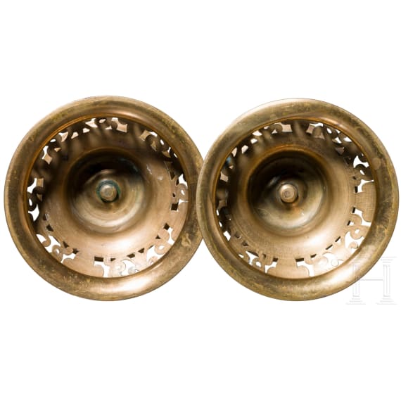 A pair of German pierced bell-bottom candlesticks in the Nuremberg style of the 17th century, circa 1880