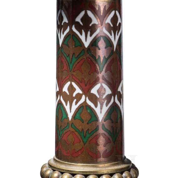 A set of four French gilt and enamelled pricket candlesticks in romanesque style, late 19th century