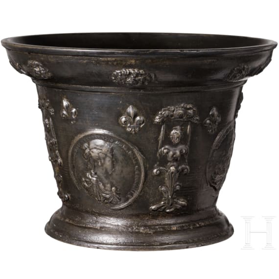 A distinguished, large French apothecary mortar with portrait of Louis XIV, dated 1692