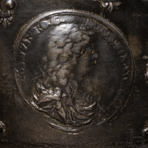 A distinguished, large French apothecary mortar with portrait of Louis XIV, dated 1692
