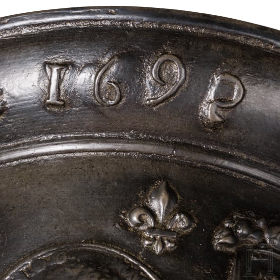 A distinguished, large French apothecary mortar with portrait of Louis XIV, dated 1692