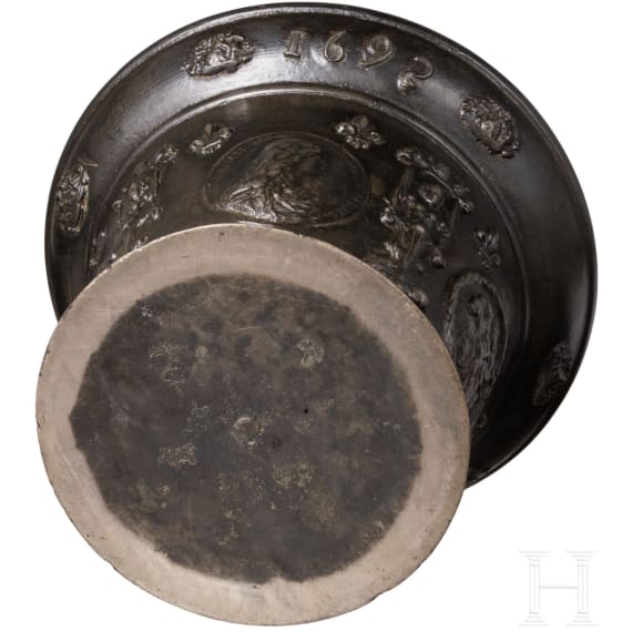 A distinguished, large French apothecary mortar with portrait of Louis XIV, dated 1692