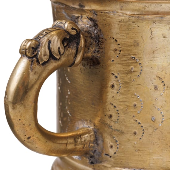 A Tyrolean dolphin handled mortar, 17th century