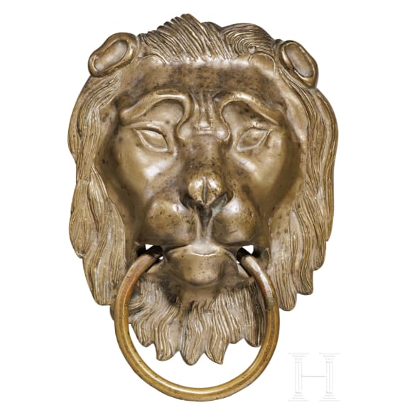A German lion's head door pull, 18th century