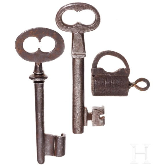 Two large iron keys and a lock, circa 1850