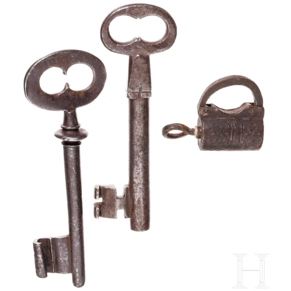 Two large iron keys and a lock, circa 1850