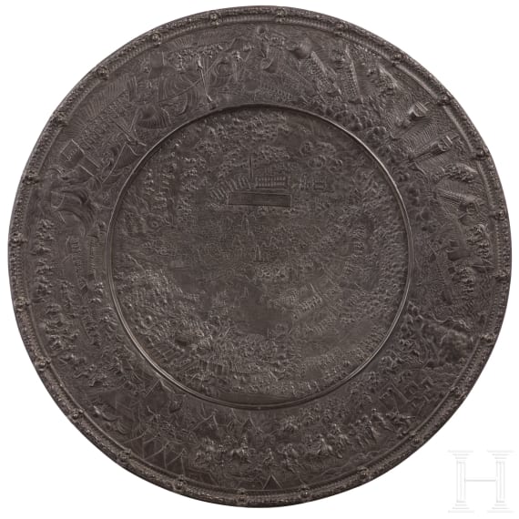 A large cast-iron charger showing the battle of Tunis in 1535, F&uuml;rst-Stollberg-H&uuml;tte, Ilsenburg, circa 1860