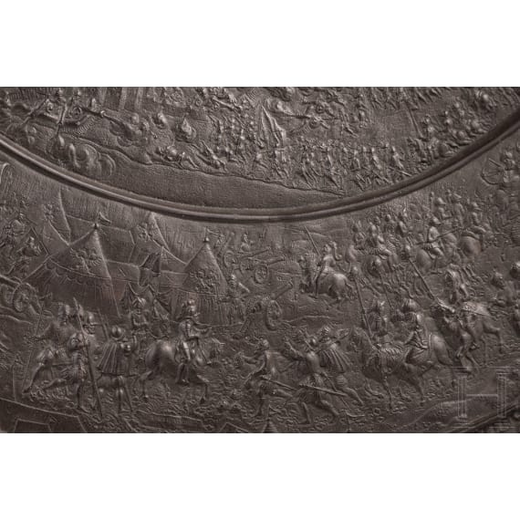 A large cast-iron charger showing the battle of Tunis in 1535, F&uuml;rst-Stollberg-H&uuml;tte, Ilsenburg, circa 1860