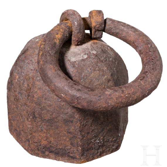 A South German wrought iron weight of eight pounds, 16th/17th century