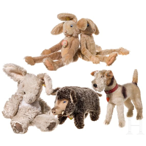 F&uuml;nf Steiff-Tiere, deutsch, 20. Jhdt.
