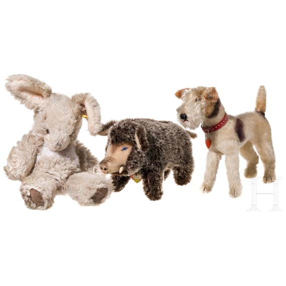 F&uuml;nf Steiff-Tiere, deutsch, 20. Jhdt.