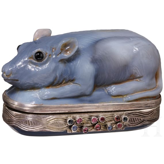 Deckeldose in Form einer Achat-Maus mit Silbermontur