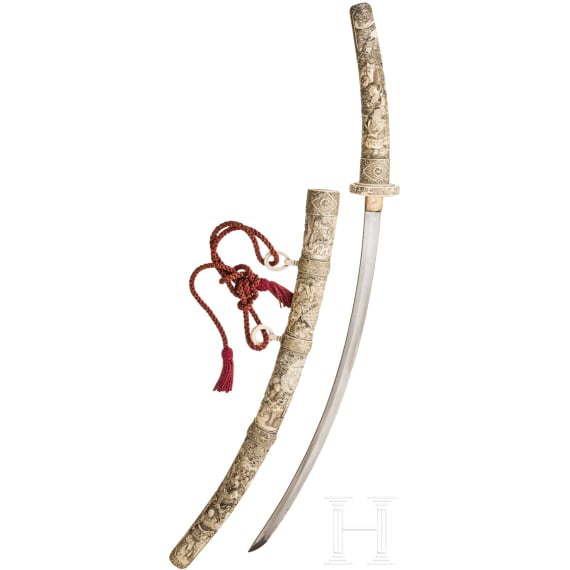 Bedeutendes Prunk-Tachi mit Montierung aus Walross-Elfenbein, Japan, Meiji-Periode