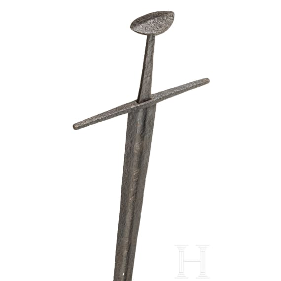 Bedeutendes ritterliches Schwert mit Wappen und Inschrift, deutsch, um 1100 - 1150