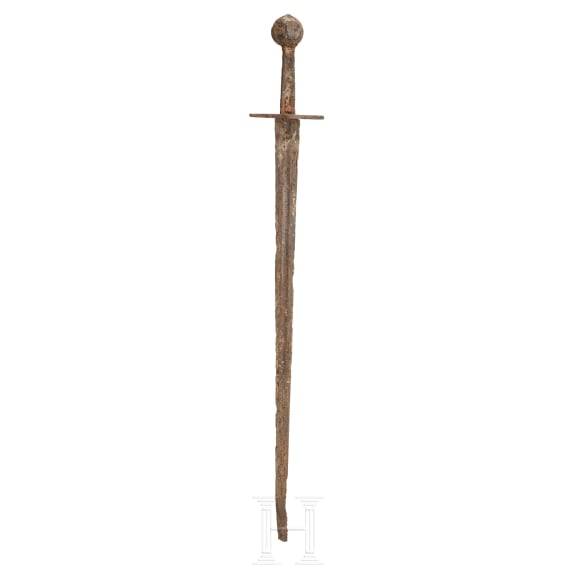 Ritterliches Scheibenknaufschwert mit eingelegter Klingeninschrift, deutsch, Mitte 14. Jhdt.