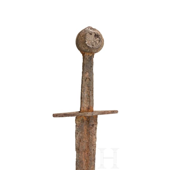 Ritterliches Scheibenknaufschwert mit eingelegter Klingeninschrift, deutsch, Mitte 14. Jhdt.