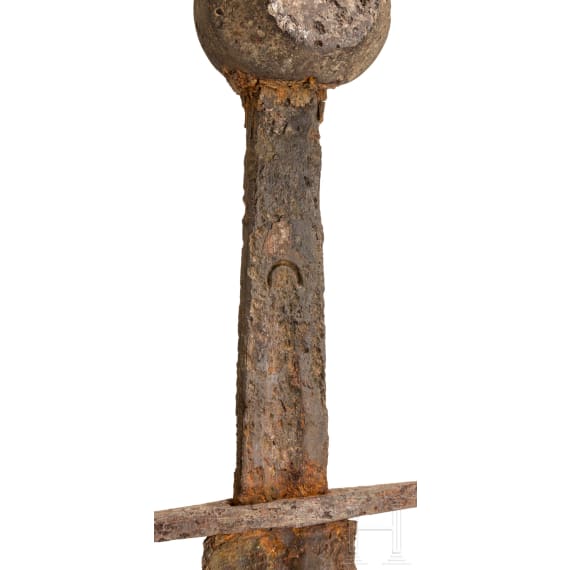 Ritterliches Scheibenknaufschwert mit eingelegter Klingeninschrift, deutsch, Mitte 14. Jhdt.