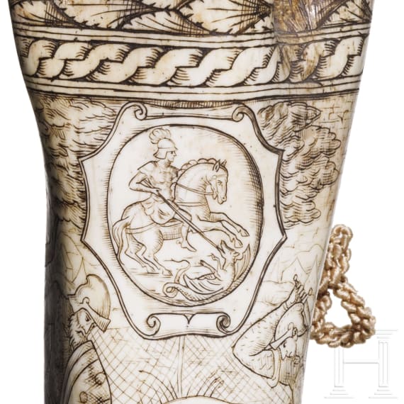 Knochen-Pulverflasche im Stil der Renaissance, Italien, Mitte 19. Jhdt.