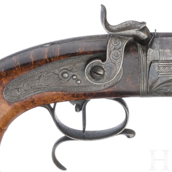 Ein Paar Hinterlader-Perkussionspistolen im Kasten, Frankreich, um 1850