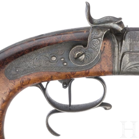 Ein Paar Hinterlader-Perkussionspistolen im Kasten, Frankreich, um 1850